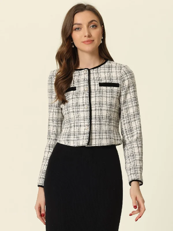Price Reduction Tweed Plaid Round Neck Faux Pearl Button Long Sleeve Cropped Jacket