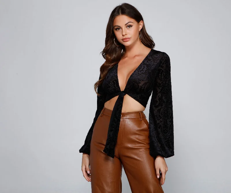 Limited Time Offer Classic Beauty Tie-Front Burnout Top