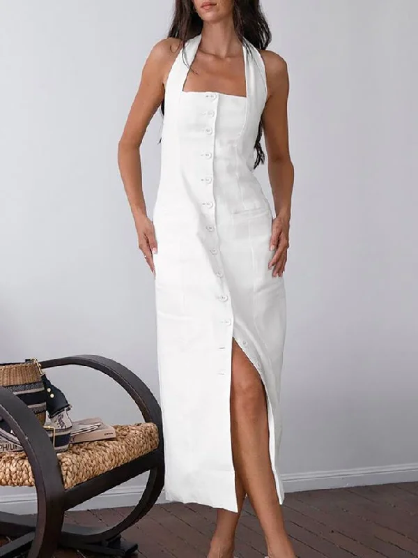 Early Bird Discount Tied Halter Open Back Cotton Linen Midi Dress