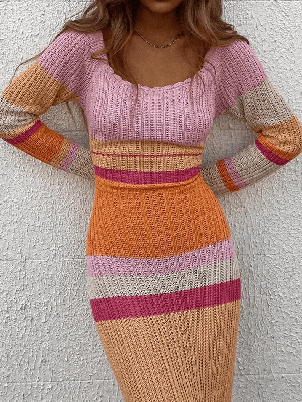 Special Discount Color Block Stripe Knitted Maxi Dress