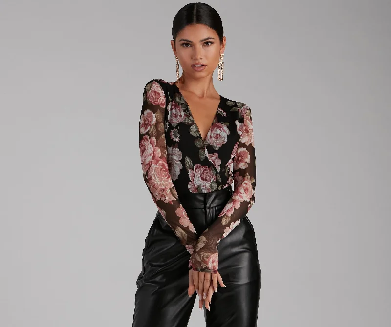 Price Drop Autumn Roses Plunge Surplice Mesh Bodysuit