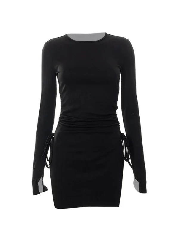 Overstock Sale Solid Crew Neck Lace Up Slit Mini Dress
