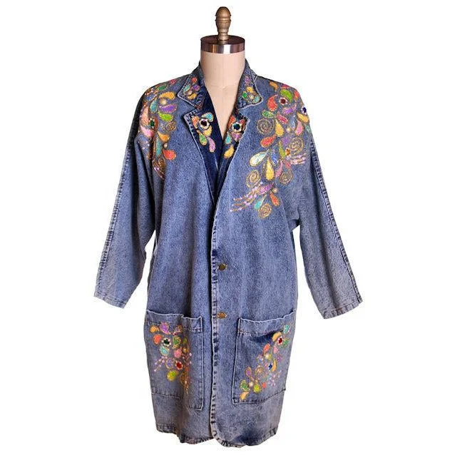 Vintage Denim Coat Laura Rogers Originals Hand Painted 1980s