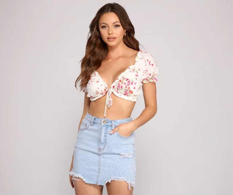 Fantastic Offers Flower Power Tie-Front Crop Top