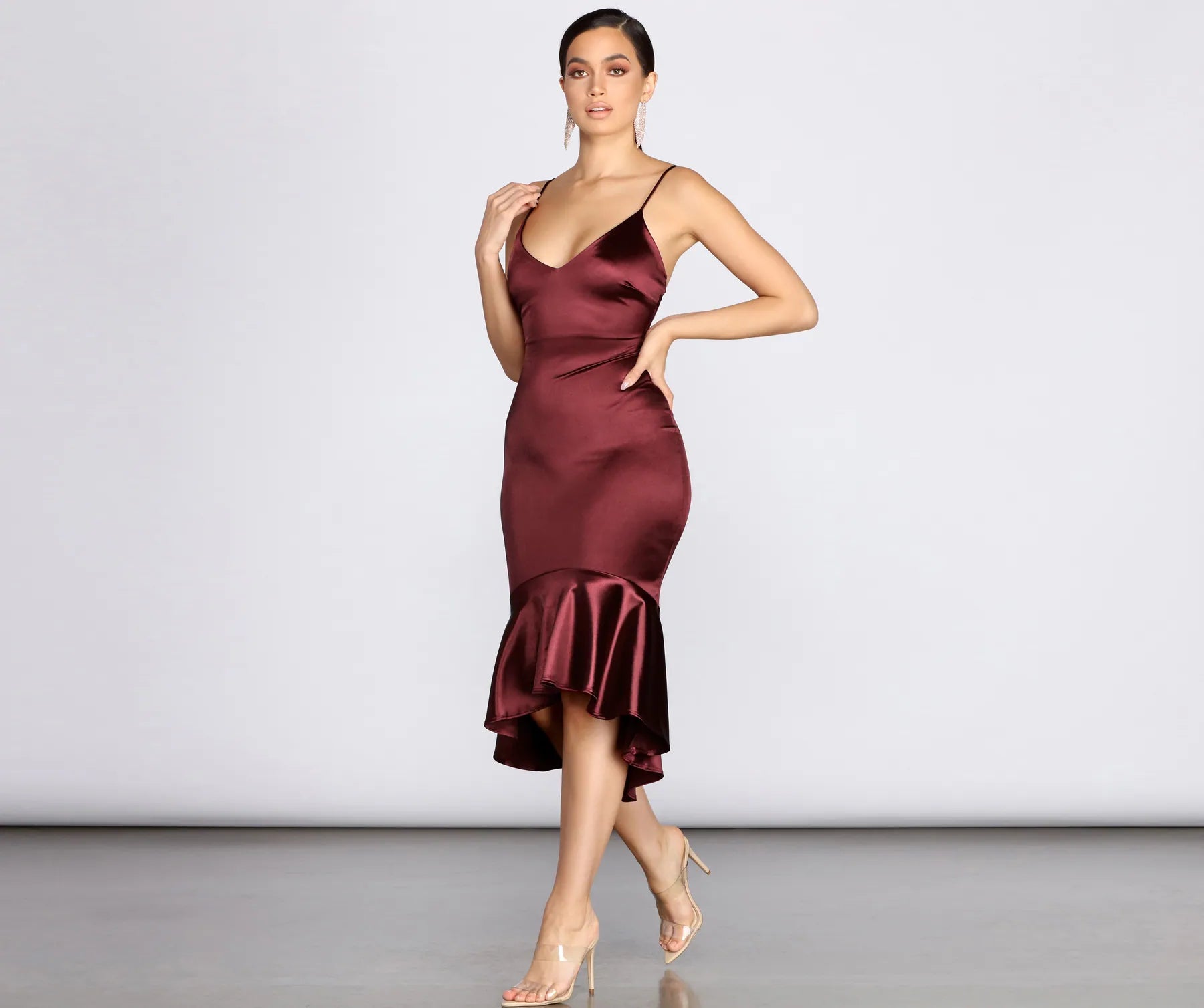 Limited Time Discount Trumpet Hem Satin Midi Dress