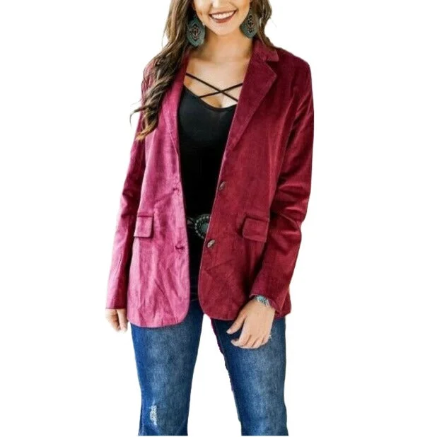 L&B Ladies Burgundy Corduroy Buffalo Nickel Button Blazer AK0209-BURG