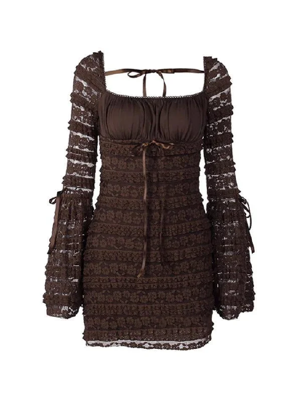 Hurry In Solid Multi Layered Lace Square Neck Mini Dress