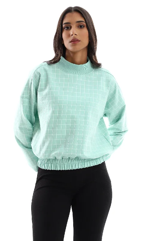 Extra Discounts O155701 Mint Green Cropped Fleece Plaids Sweatshirt