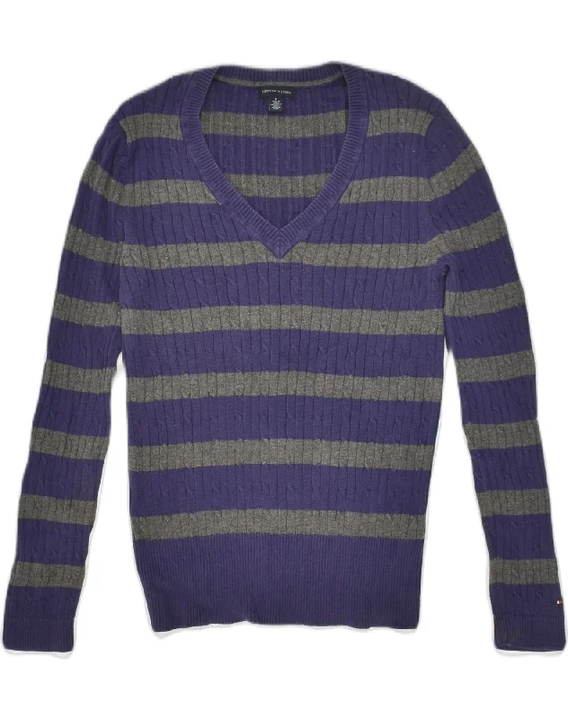 TOMMY HILFIGER Womens V-Neck Jumper Sweater UK 12 Medium Purple Striped