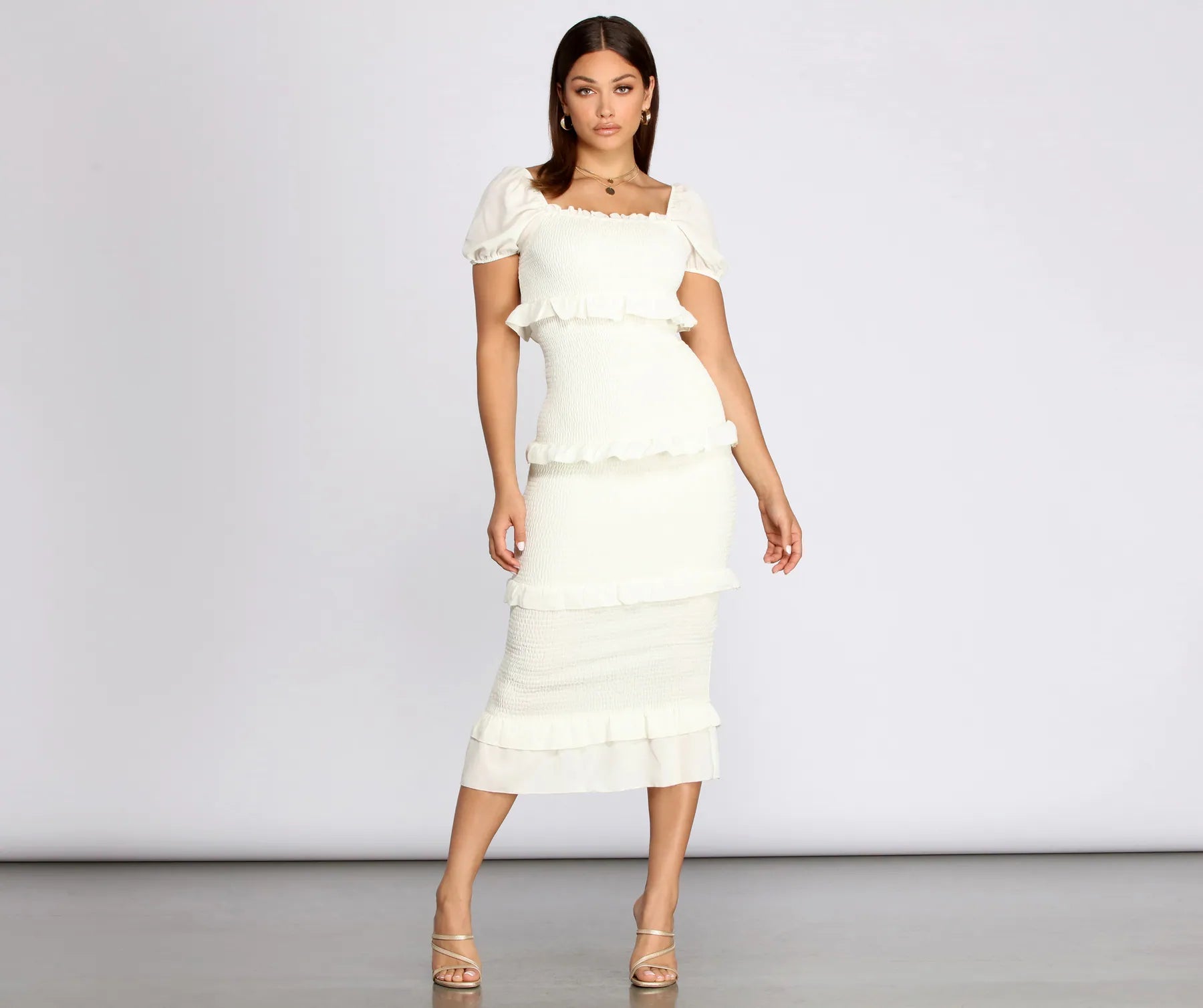 Flash Deals Ruffle Square Neck Smocked Midi Dress