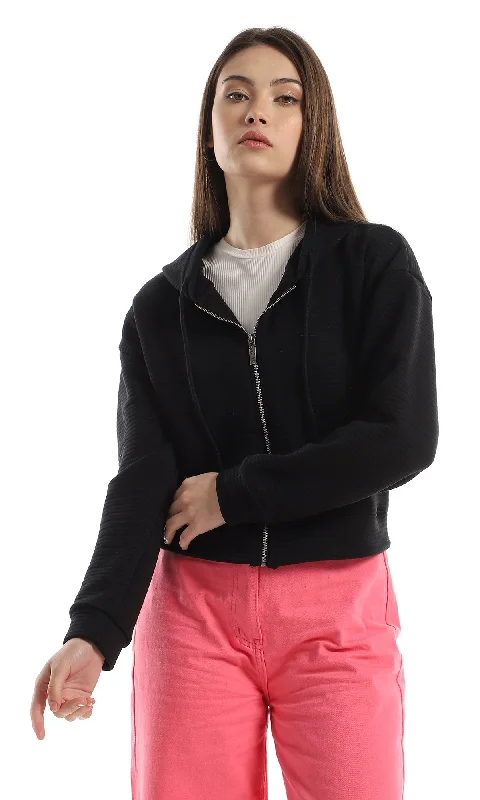 Price Blitz O162742 Zipper Hooded Ribbed Black Sweatshirt