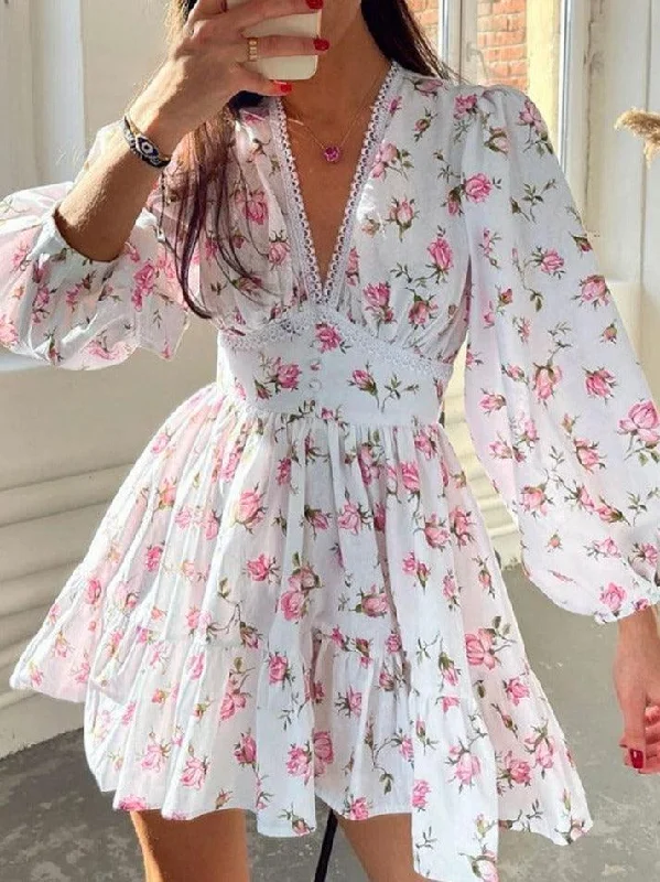 Holiday Sale Floral Lace Trim Short Dress