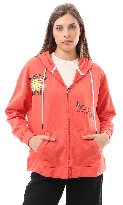 Instant Discount O172869 Colorful Printed Regular Fit Zipped Watermelon Red Sweatshirt