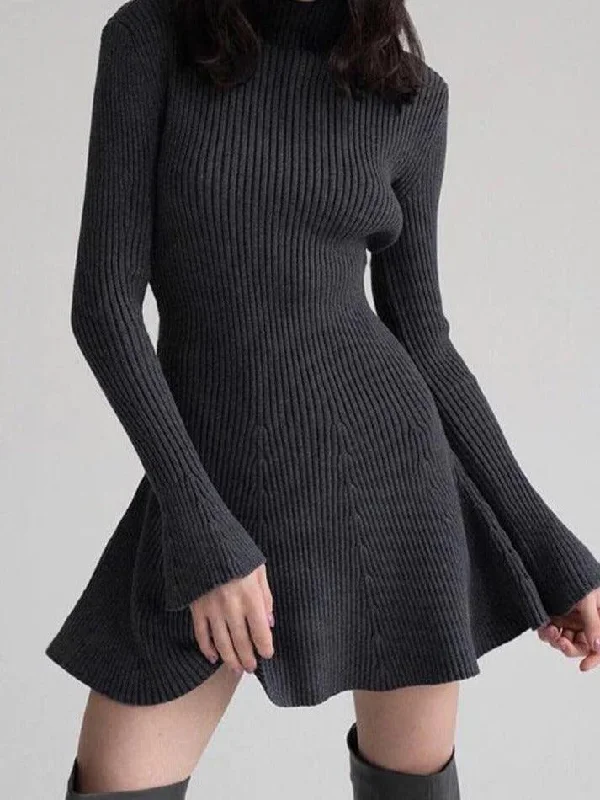 Savings Bonanza Solid High Neck Slim Knit Mini Dress