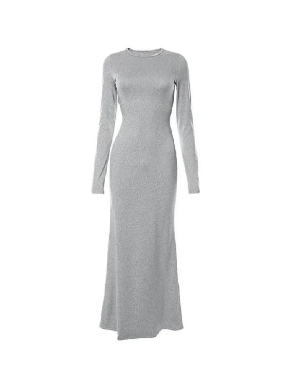 Bonus Savings Solid Crew Neck Long Sleeve Mermaid Maxi Dress
