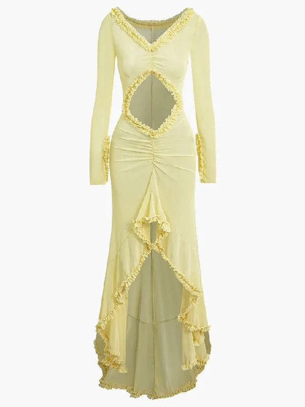 Stock Clearance Ruffle Trim Ruched Cut Out Maxi Dress