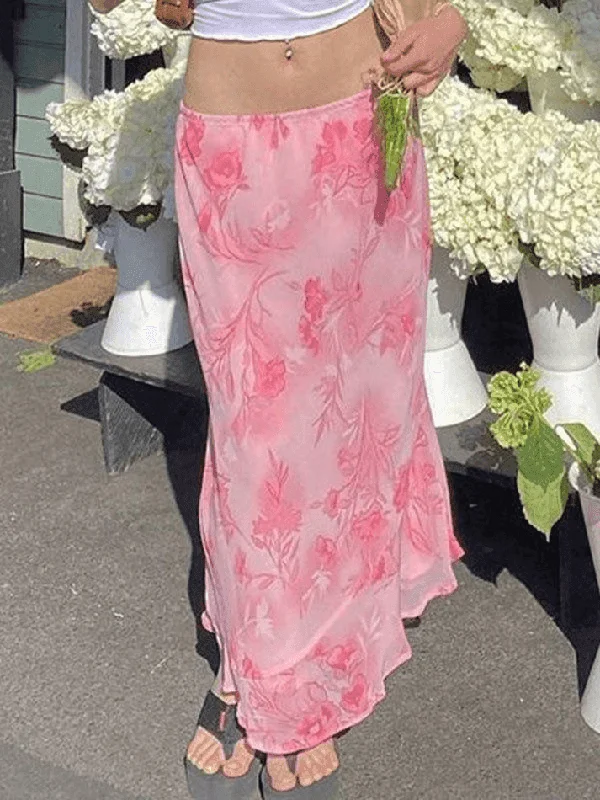 Referral Discount Chiffon Floral Print Midi Skirt
