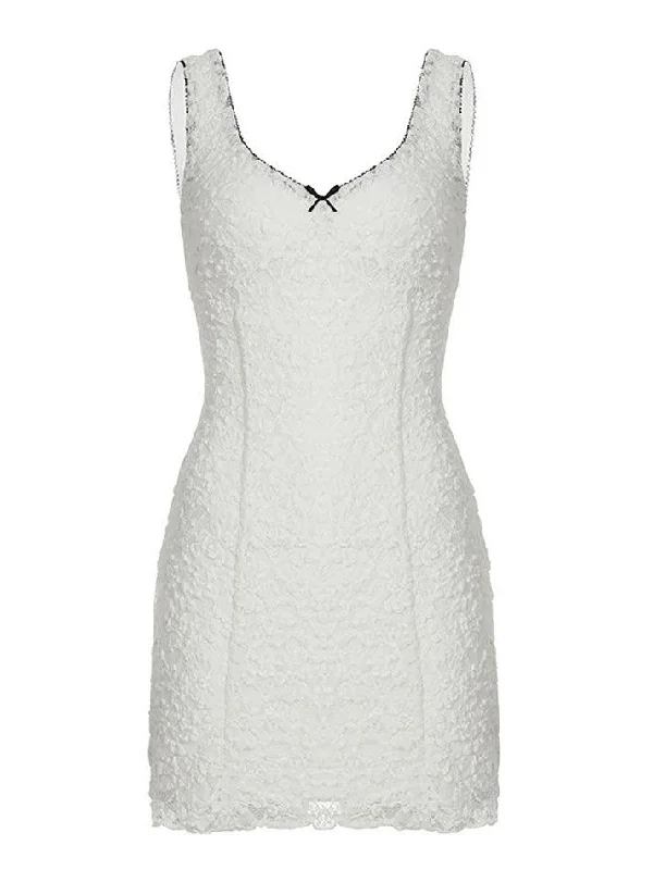 Value Deals Contrast Lace Trim V-Neck Bow Double-Layer Dress