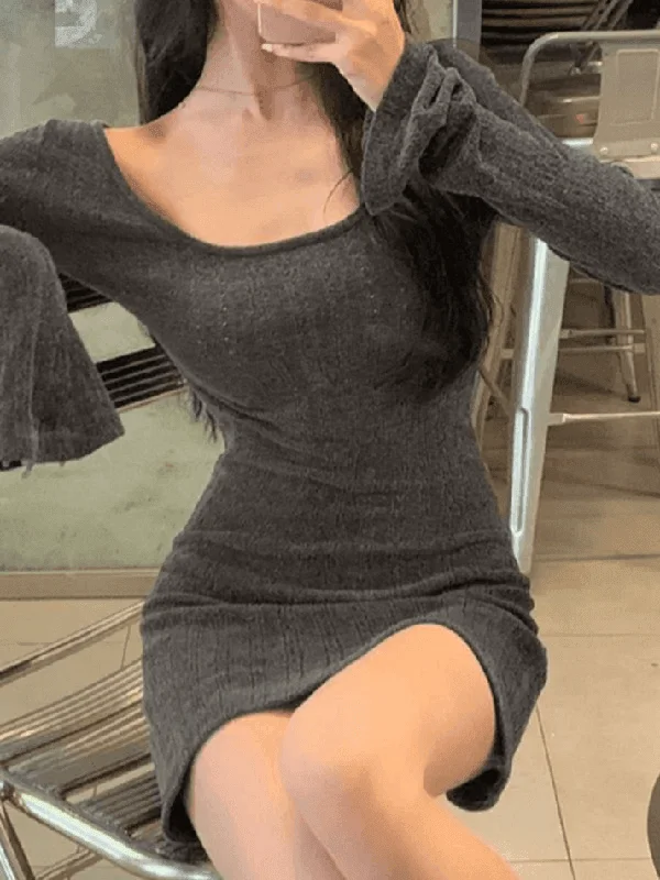Steals and Deals Brown Pointelle Knit Long Sleeve Mini Dress