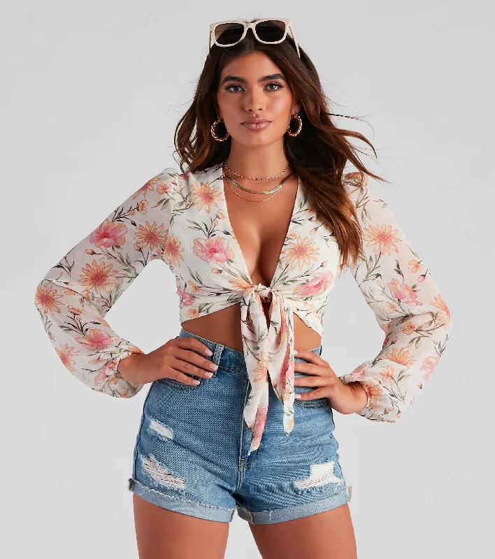 Hot Deal Tie And Wait Floral Chiffon Top