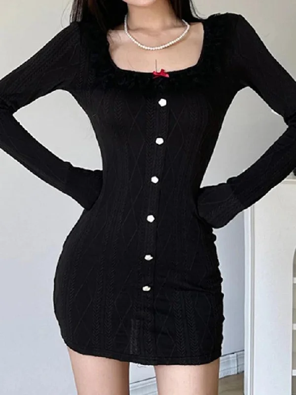 Savings Spectacular Lace Trim Splice Square Neck Cable Knit Mini Dress