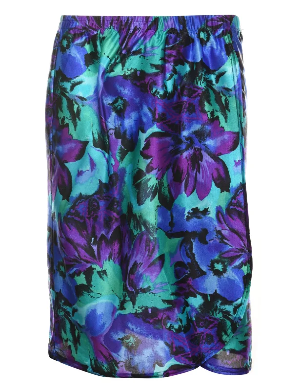Price Drop Floral Pattern Purple & Green Elasticated Midi Skirt - M