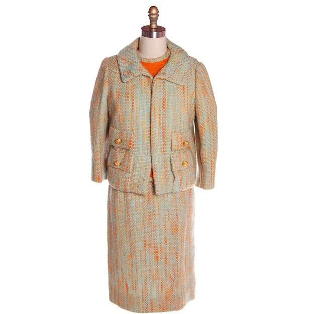 Vintage Orange Aqua Tweed 3 pc Suit Samuel Winston Mollie Abrahamson 1960s 38-25-38