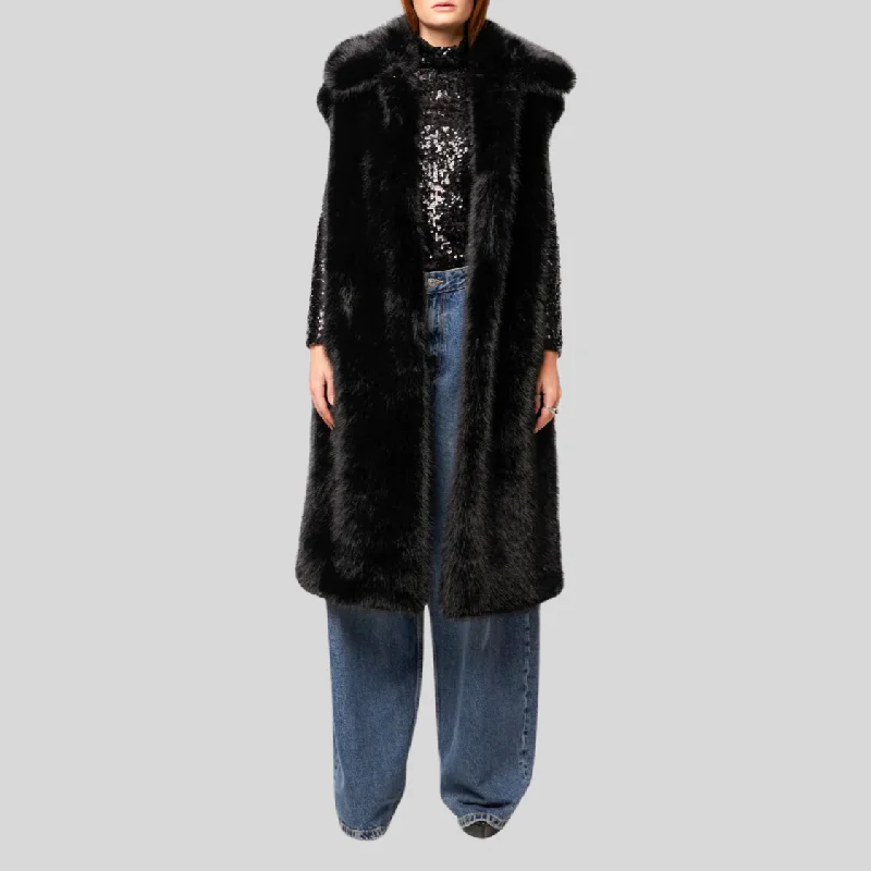 Quick Sale Faux Fur Sleeveless Long Coat - Black