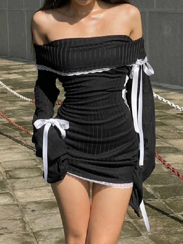 Deal of the Day Off Shoulder Lace Splice Tie Up Long Sleeve Mini Dress