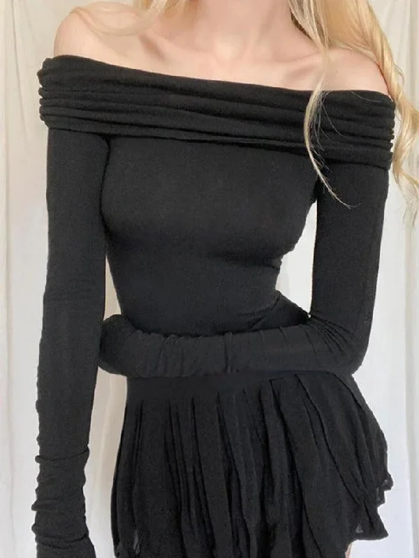 Today Only Black Off Shoulder Pleated Slim Mini Dress