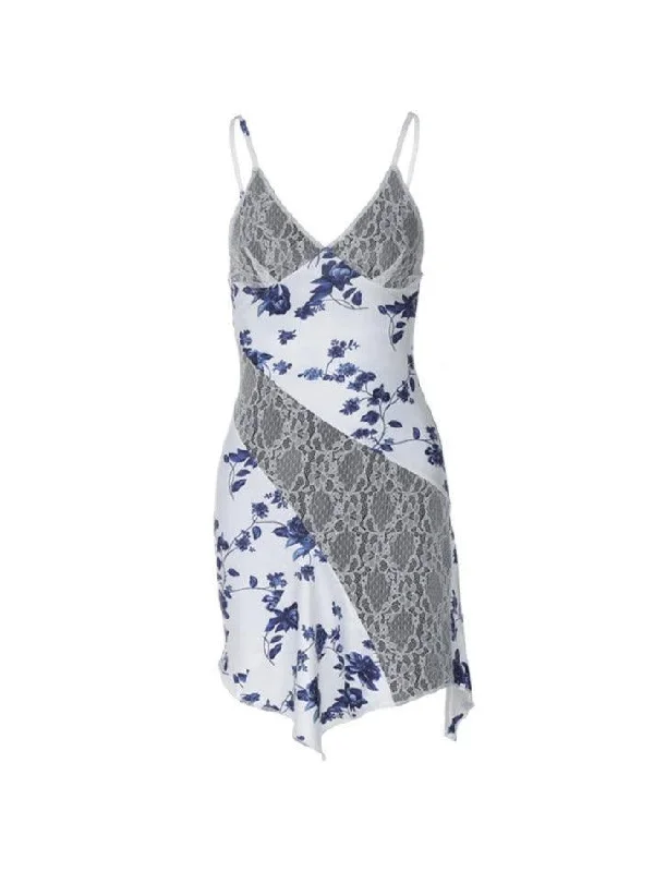 Price Drop Ditsy Floral Print Splice Lace Split V Neck Mini Dress