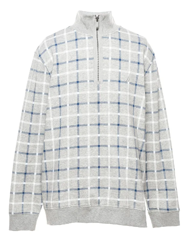 Amazing Deals Nautica Checked Light Blue, Grey & White Printed Sweatshirt - XL