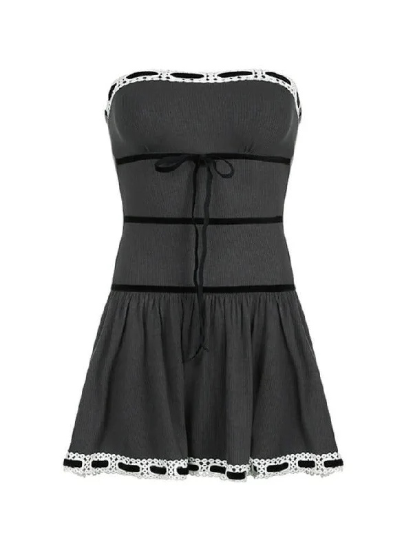 Closeout Off Shoulder Ribbon Trim Lace Up Slim Mini Dress