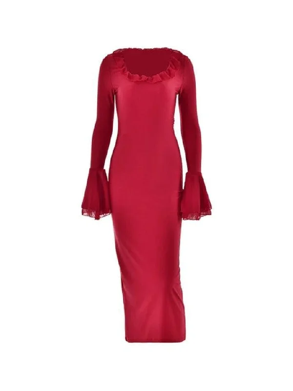 Deal of the Week Solid Ruffled Trumpet Sleeve Mermaid Maxi Dress
