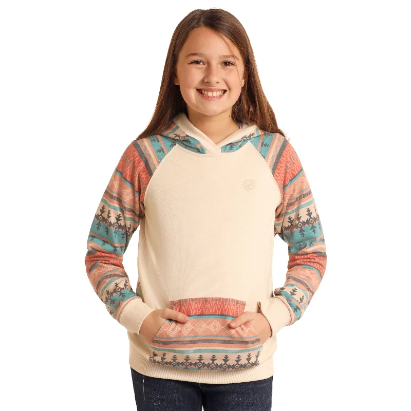 Final Markdown Panhandle Girl's Contrast Sleeves Turquoise Pullover Hoodie BG94T05213