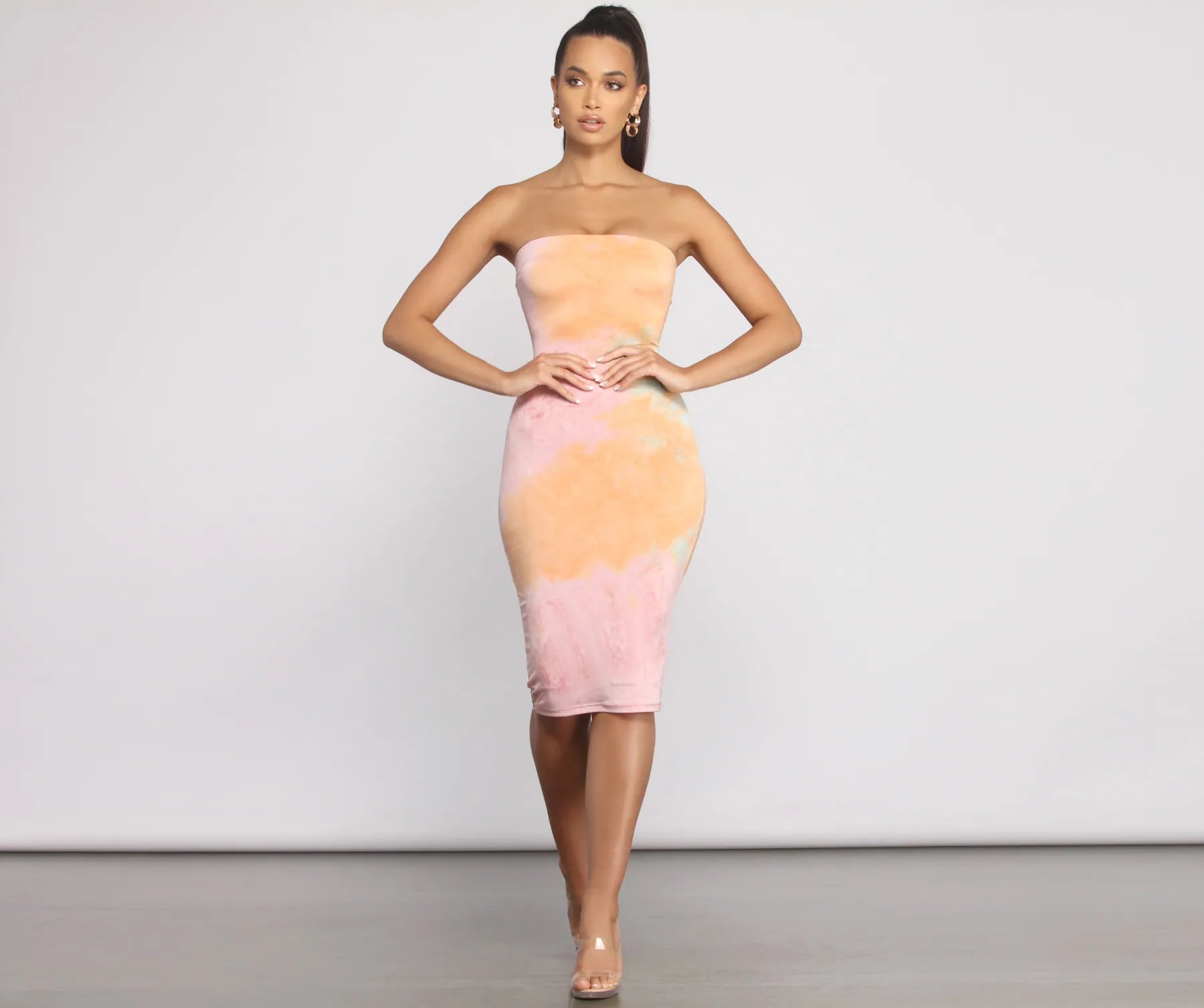 Lowest Prices Strapless Tube Tie Dye Midi Dress