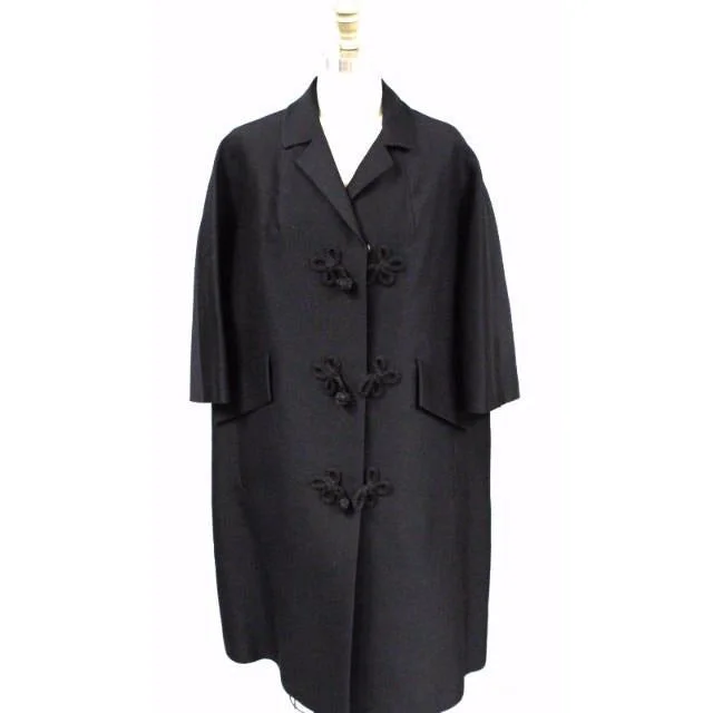 Vintage Womens Evening Coat Black Fine Wool 1950S Oriental Style Frogs Large