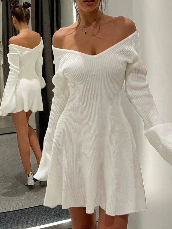 Low Prices Solid V Neck Ribbed A-line Knit Mini Dress