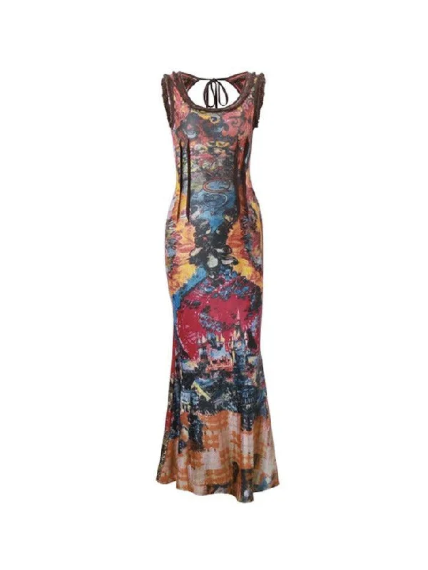 Final Sale Vintage Random Print U Neck Backless Maxi Dress