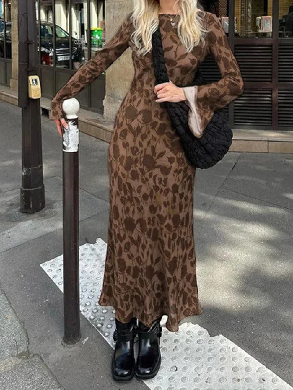 Savings Event Vintage Print Trumpet Sleeve Maxi Dress
