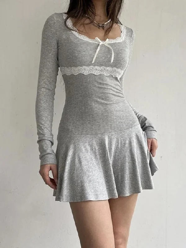 Get It Before It’s Gone Lace Splice Bow Decor Square Neck Mini Dress
