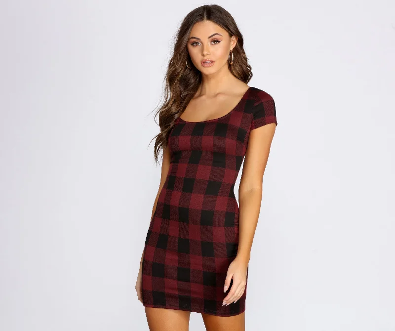 Limited Time Discount Clad In Plaid Scoop Neck Mini Dress
