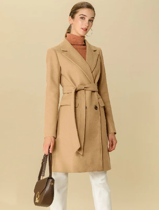 Notch Lapel Double Breasted Belted Mid Long Outwear Winter Coat