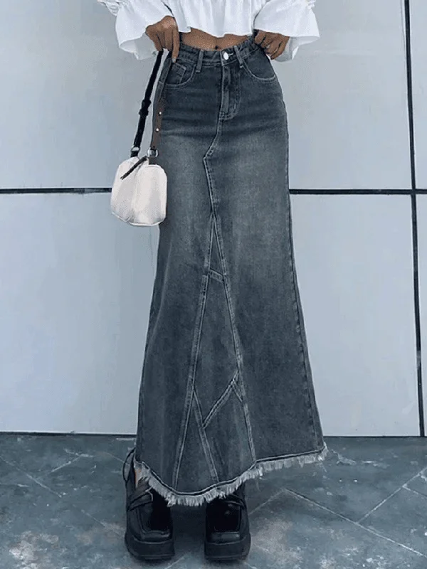 Deal Frenzy Back Slit Patchwork Long Denim Skirt