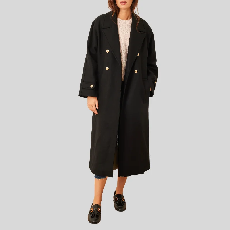 Deal Dash Double Breasted Long Coat - Black