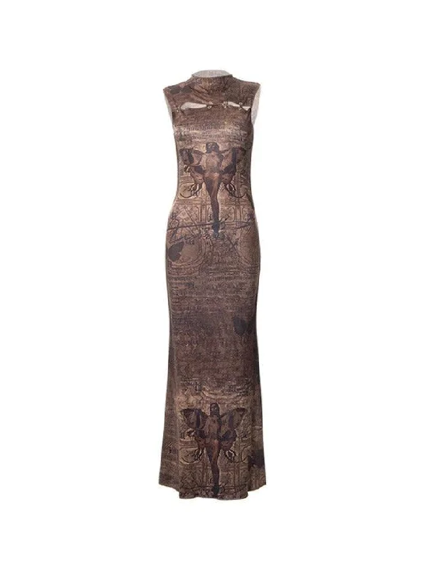 The Best Prices Vintage Print Cutout Sleeveless Slim Maxi Dress