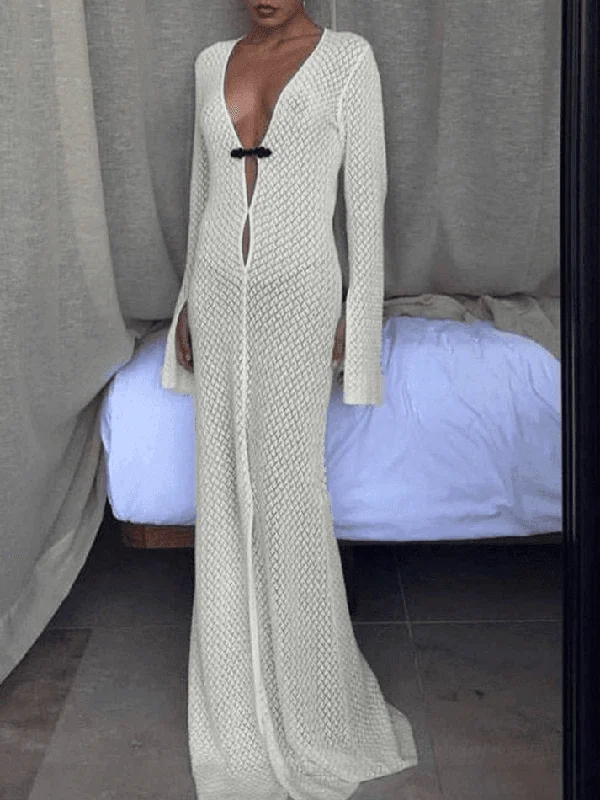 Epic Deals Crochet Long Sleeve Maxi Beach Dress