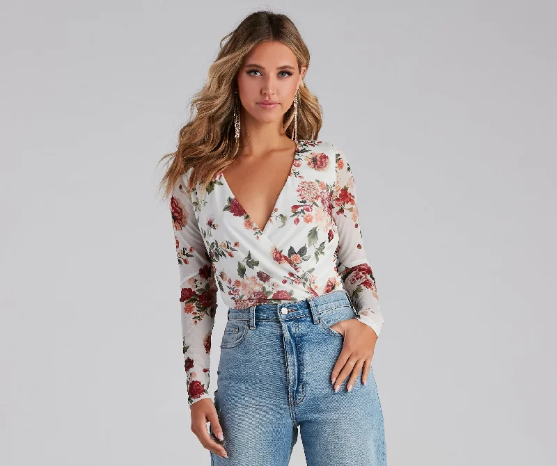 Seasonal Clearance Natural Bloom Mesh Floral Surplice Bodysuit