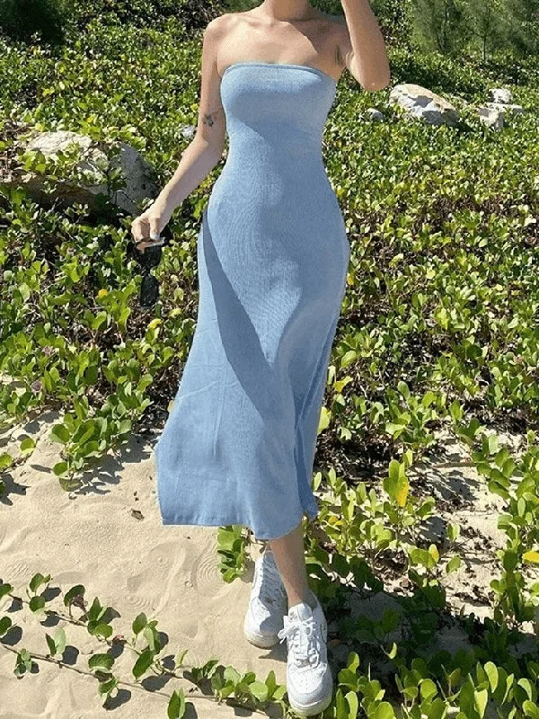 Take Advantage Strapless Split Ribbed Maxi Dress