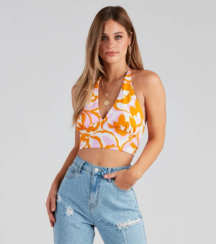 Deal Explosion Retro Fab Floral Halter Crop Top